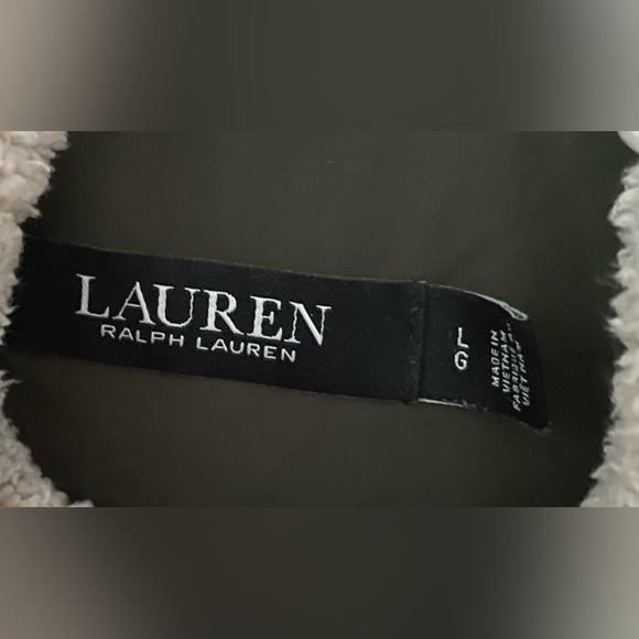 Ralph Lauren Army Green Faux-Trim Hooded Puffer Coat, Pull Waist, Fur Hood;  L - Picture 6 of 12